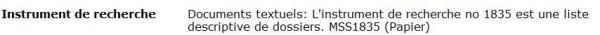 Une image en noir et blanc sur deux colonnes d’un résultat de recherche dans la page Recherche de fonds d’archives. La colonne de gauche affiche les mots « Instrument de recherche ». La colonne de droite affiche une brève description écrite de la liste du contenu.