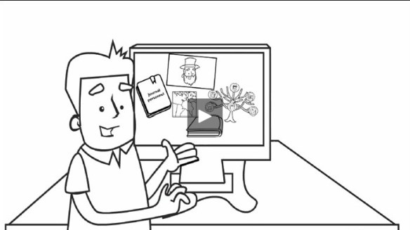 Un personnage de dessin animé est assis devant un ordinateur. On voit sur l’écran une carte, un journal personnel et un arbre généalogique. 