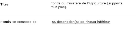 Description dans la base de données « Recherche de fonds d’archives » montrant la colonne « Fonds se compose de ». 