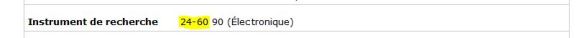 Copie d’écran de la section « Instrument de recherche », tirée de la description d’un document sur la page « Recherche de fonds d’archives ». Le numéro d’instrument de recherche électronique est surligné. 