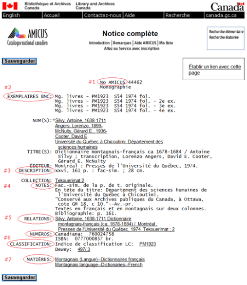 Saisie d'écran d'une notice complète du catalogue AMICUS avec les champs correspondants (source : AN 44462)
