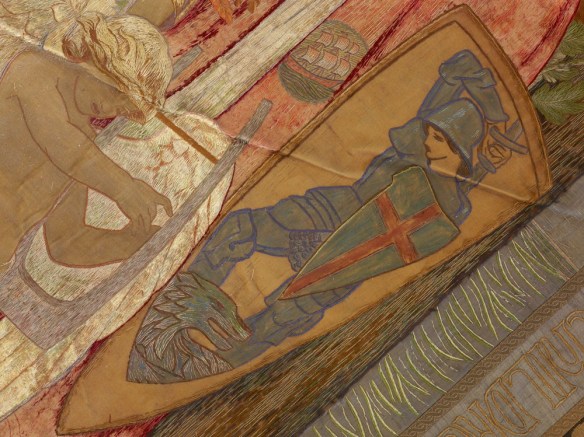 Un segment du tissu illustrant saint George, le saint patron de l’Angleterre, et le dragon.