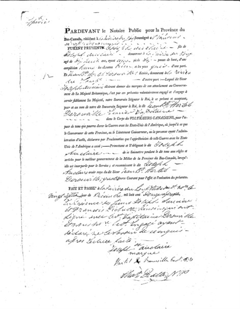 Acte d’engagement de Joseph Auclair par le sieur Jean-Baptiste-René Hertel de Rouville, capitaine, corps des Voltigeurs canadiens, rédigé devant le notaire Charles Pratte, le 27 décembre 1812, Bibliothèque et Archives nationales du Québec.