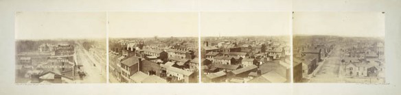 Une vue de la rue King Ouest jusqu’à la rue York Nord, à Toronto, prise à partir du Rossin House Hotel.