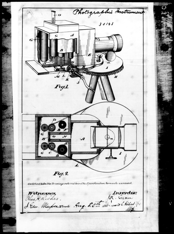 Une page de la demande de brevet de John Connon en lien avec l’appareil photo panoramique, 1888.