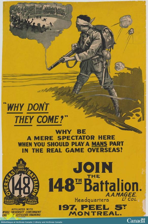 Affiche de guerre dépeignant un soldat qui voit dans la fumée de son fusil une aréna remplie d’amateurs de hockey regardant des joueurs sur la glace.