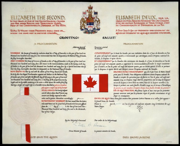 Reproduction en couleur de la proclamation du drapeau canadien. Le document décrit le drapeau et indique la date de son entrée en vigueur.