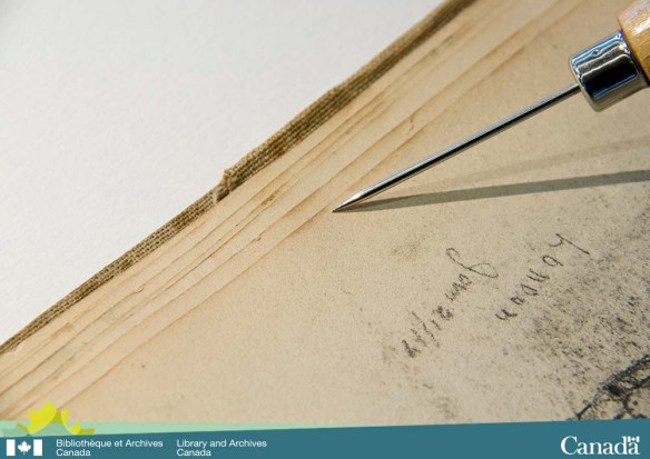 Photographie couleur d’un des côtés d’un livre ouvert montrant des pages ventilées et un outil pointant une tache graisseuse qui se répète sur le bord de chaque page.