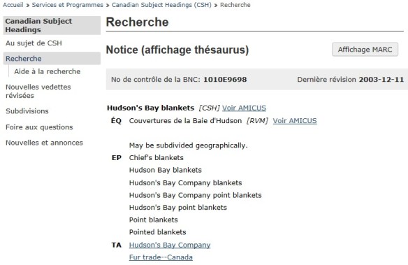 Copie d’écran du résultat d’une recherche lancée dans la version française du Canadian Subject Heading avec la vedette-matière canadienne « couverture de la Baie d’Hudson ».