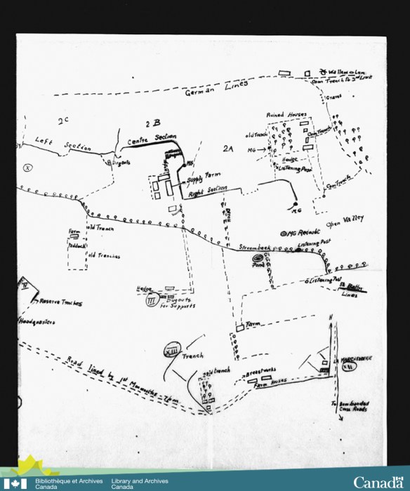 Dessin d’une carte des tranchées où le 8e Bataillon d’infanterie du Canada s’était engagé lors de la première bataille d’Ypres.