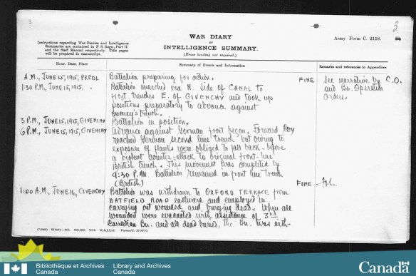 Reproduction en noir et blanc d’une page manuscrite décrivant les événements du 15 juin 1915