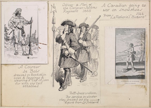 Un collage montrant trois images sur carton. (1) un coureur de bois debout avec fusil et habit typique (2) trois soldats avec des chapeaux tricornes, des épées et des fusils, et (3) un habitant partant en guerre en hiver, portant des raquettes, un fusil et fumant une pipe.