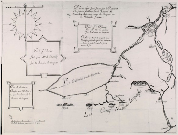 Une reproduction d’une carte montrant les forts et village à l’est du lac Ontario et au sud du Saint-Laurent.