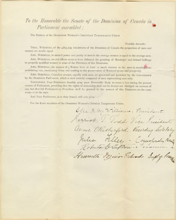 Lettre dactylographiée signée par les dirigeantes canadiennes de l’Union chrétienne des femmes pour la tempérance, expliquant pourquoi les femmes devraient avoir le droit de vote.
