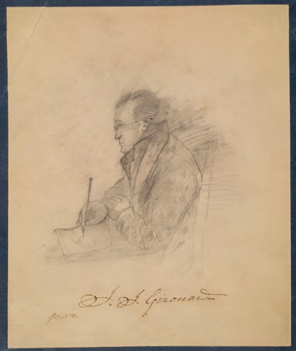 Croquis au crayon de Jean-Joseph Girouard vu de profil, assis sur une chaise et dessinant avec un crayon sur une feuille de papier.