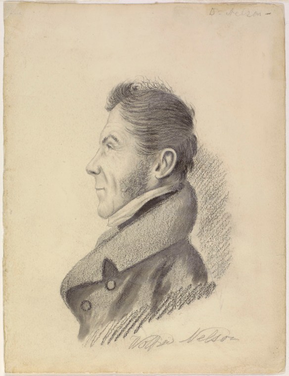 Portrait au crayon représentant le profil gauche de Wolfred Nelson, avec des zones d’ombre derrière les épaules, la tête et le cou.