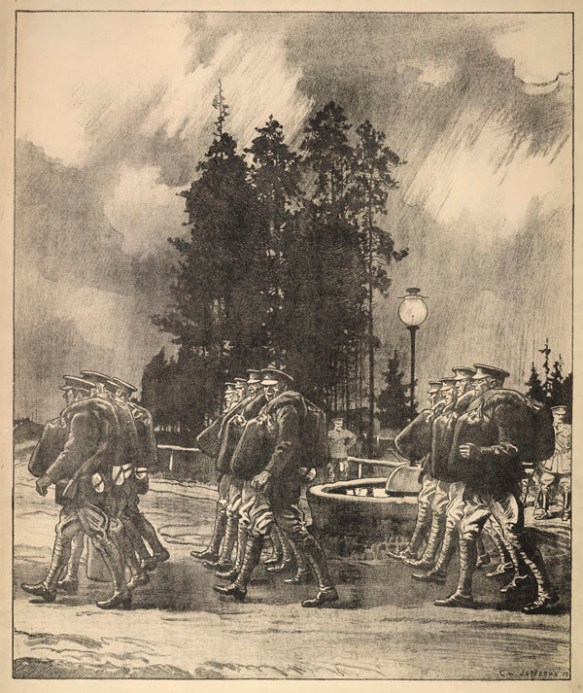 Lithographie représentant des soldats qui marchent en rang, un polochon à l’épaule.