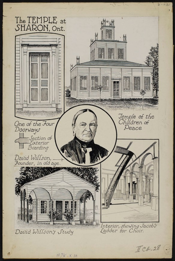 Cinq vignettes dessinées à la plume, à l’encre noire. La première montre la porte d’un temple, et la deuxième, la façade d’un édifice rectangulaire avec de grandes fenêtres à carreaux. La troisième montre un pavillon plutôt original. La quatrième représente l’intérieur du temple, avec l’échelle de Jacob utilisée par le chœur. Au centre, on aperçoit en médaillon le portrait d’un homme portant une soutane noire.