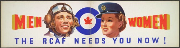 Affiche en couleur illustrant le visage d’un homme et d’une femme membres de l’Aviation royale du Canada. L’homme porte une casquette et des lunettes d’aviateur et la femme porte une casquette bleue avec une visière. Entre l’homme et la femme, il y a un médaillon composé d’un cercle bleu et d’une feuille d’érable rouge au centre.