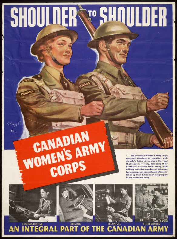 Affiche en couleur illustrant une femme et un homme membres de l’Armée canadienne marchant tous deux à l’unisson. Les personnages portent des casques et des uniformes, ils transportent, accrochés au cou, un sac renfermant un masque à gaz. Sur l’épaule gauche de l’homme est déposé un fusil. Au bas de l’affiche sont apposées quatre petites photographies en noir et blanc de femmes accomplissant différentes tâches dans l’armée.