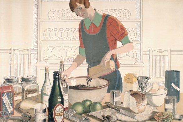 Image d’une femme qui verse des raisins de Corinthe dans un bol; sur une table, on voit des ustensiles de cuisine et les ingrédients d’une recette, dont des raisins de Smyrne, de la farine, de l’eau-de-vie, des clous de girofle, une bière, du rhum jamaïcain, des raisins de Corinthe, des pommes, de la cannelle, du pain, des œufs, des épices et des raisins secs.