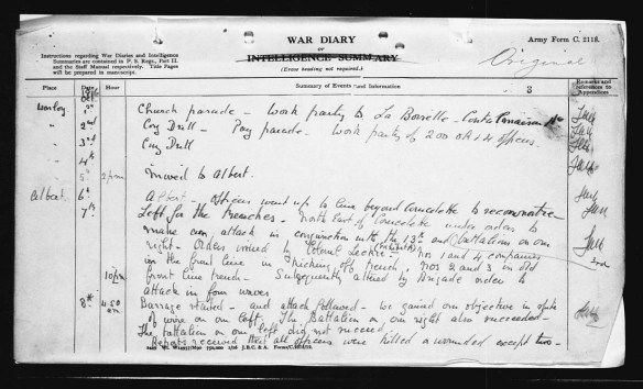 Page manuscrite, noir sur blanc, décrivant les événements quotidiens ayant mené à la journée pendant laquelle le cornemuseur James Cleland Richardson a accompli l’acte qui lui a valu la Croix de Victoria. 