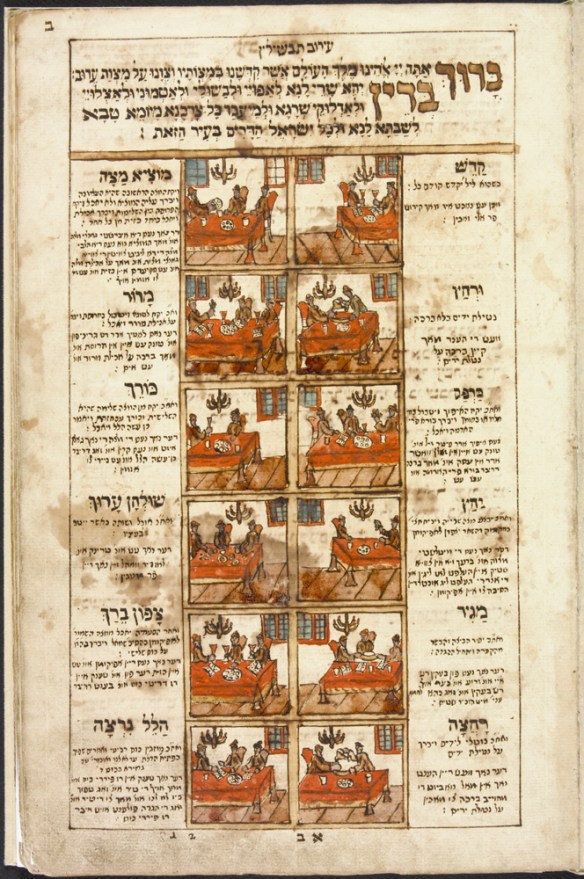 Image colorée en rouge, brun et gris d’une page d’une Haggadha de la Pâque. Les 12 étapes rituelles du séder y sont illustrées. Dans les marges intérieures et extérieures, un texte en hébreu identifie le rituel et donne des instructions en yiddish pour l’accomplir.