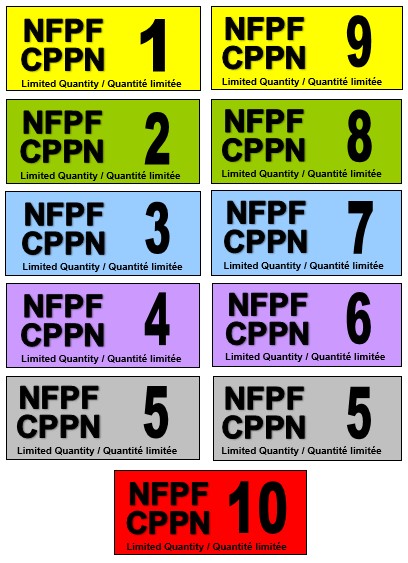 Image en couleur montrant deux colonnes de cinq étiquettes portant les acronymes CPPN et NFPF ainsi qu’un chiffre de 1 à 10. 