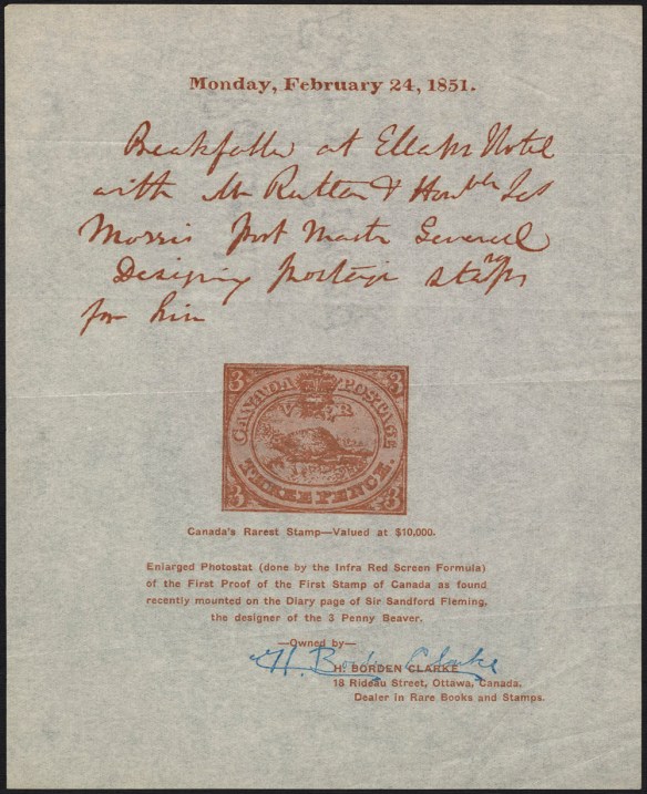 Photocopie d’une page du journal personnel de sir Sandford Fleming. La date est indiquée en haut, le texte manuscrit figure en dessous, et elle est accompagnée du timbre conçu par Sandford Fleming. Sous le timbre se trouve une note dactylographiée; elle indique que la page est une photocopie appartenant à H. Borden Clarke, qui a signé cette page.