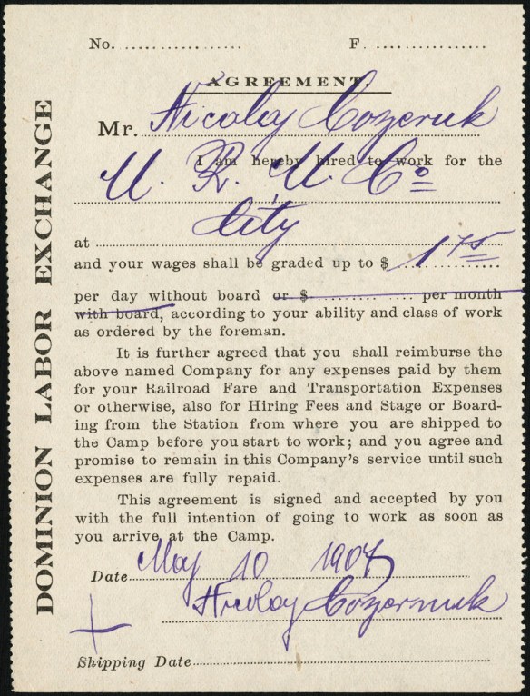 Reproduction d’un formulaire d’engagement d’un ouvrier étranger par la Dominion Labour Exchange en 1907.