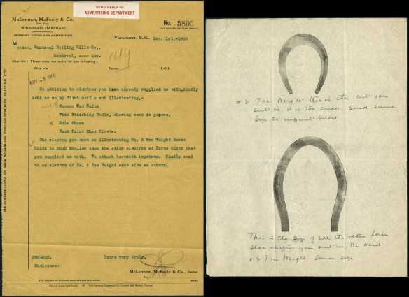Lettre et dessins illustrant la fabrication de fers à cheval en 1906.