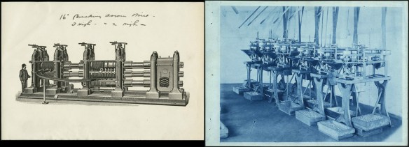 Deux images montrant des machines à fabriquer des écrous et des pièces analogues. La première est une esquisse d’une machine à produire des clous, des vis et des boulons en 1908. La deuxième est une photographie d’une machine fabriquant des clous.
