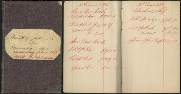 Image couleur montrant la couverture et deux pages du livret de comptes ayant appartenu à C. S. Watson en 1883.
