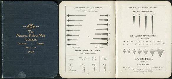 Images couleur montrant la couverture et deux pages du catalogue des produits en 1908.