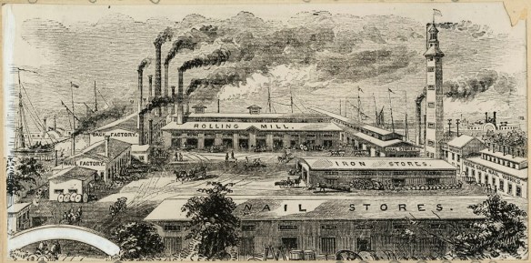 Dessin noir et blanc montrant un complexe industriel en 1868.