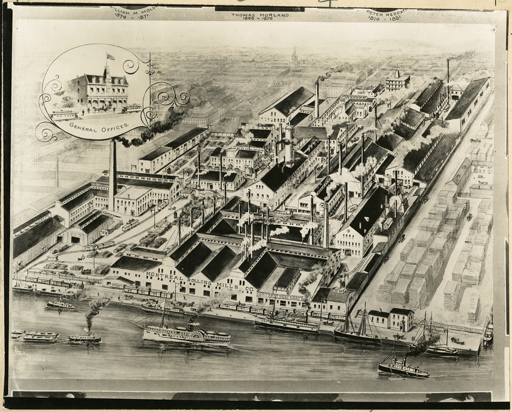 Dessin noir et blanc montrant un complexe industriel en 1900.
