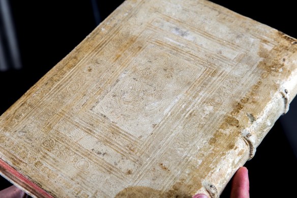 Gros plan de la couverture arrière d’un livre relié en cuir blanc taché. Le cuir est décoré de lignes et de motifs à peine visibles.