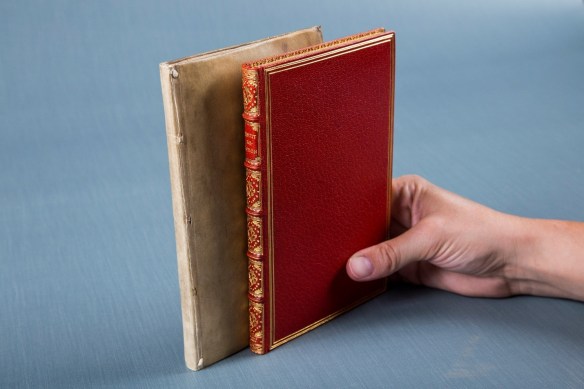 Une main tient deux livres verticalement sur fond gris-bleu. Celui de gauche a une couverture beige très simple; celui de droite a une couverture rouge et des dorures.