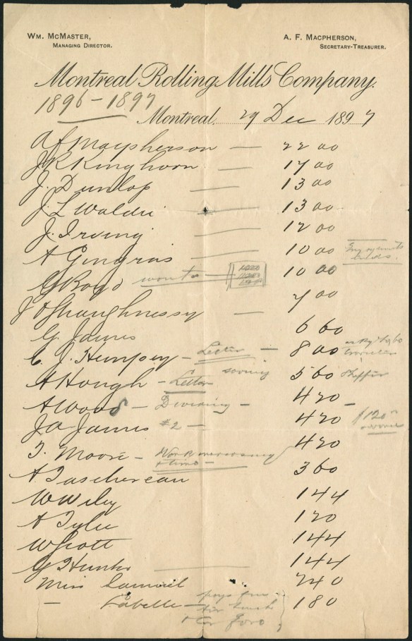 Image montrant une liste des salaires en 1897.