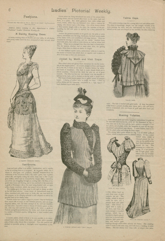 Page d’une revue montrant des illustrations en noir et blanc de femmes portant différentes toilettes, notamment une robe pour l’heure du thé, des vêtements d’extérieur et une robe de soirée. 