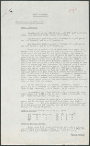 Trois pages de rapport (dactylographiées et non datées) sur les opérations de l’artillerie durant la bataille de la crête de Vimy. On y explique brièvement les tactiques utilisées pour sécuriser les différents objectifs.