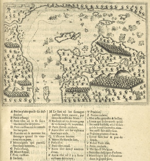 Petite carte représentant les rapides de Lachine, le fleuve Saint-Laurent et plusieurs îles, bordés de terres boisées et de rivières. Des chasseurs apparaissent à plusieurs endroits. Il y a une scène représentant la noyade d’un Amérindien et d’un Français dans les rapides. Une légende apparaît au bas de la carte. 