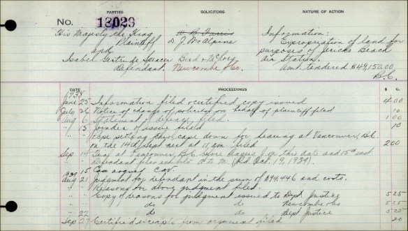 Page d’un plumitif. Le titre comprend le numéro de la cause, le nom des parties et de leurs avocats et la nature de la poursuite. Le reste de la page énumère les documents déposés à la Cour, avec la date et le coût associés à chacun. 