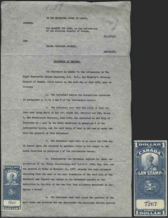 Page dactylographié montrant la déclaration de défense de Mme Spencer. Un timbre à l’effigie de George V y est apposé au bas, avec la mention « 1 dollar. Canada. Law Stamp. »