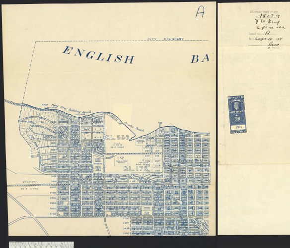 Carte sur laquelle est encerclée la propriété d’Isabel Gertrude Spencer. On peut voir sur une deuxième page le numéro de la cause, le titre « The King and Spencer », le numéro de dossier, la date et, au bas, un timbre de 10 cents montrant que le dépôt a été acquitté.