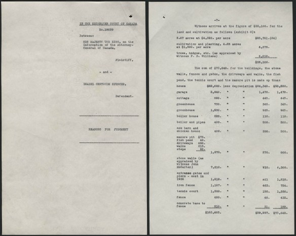 Deux pages dactylographiées. La première montre les informations de bases relatives à la cause, et la deuxième, une liste des installations sur la propriété et de leur évaluation foncière.