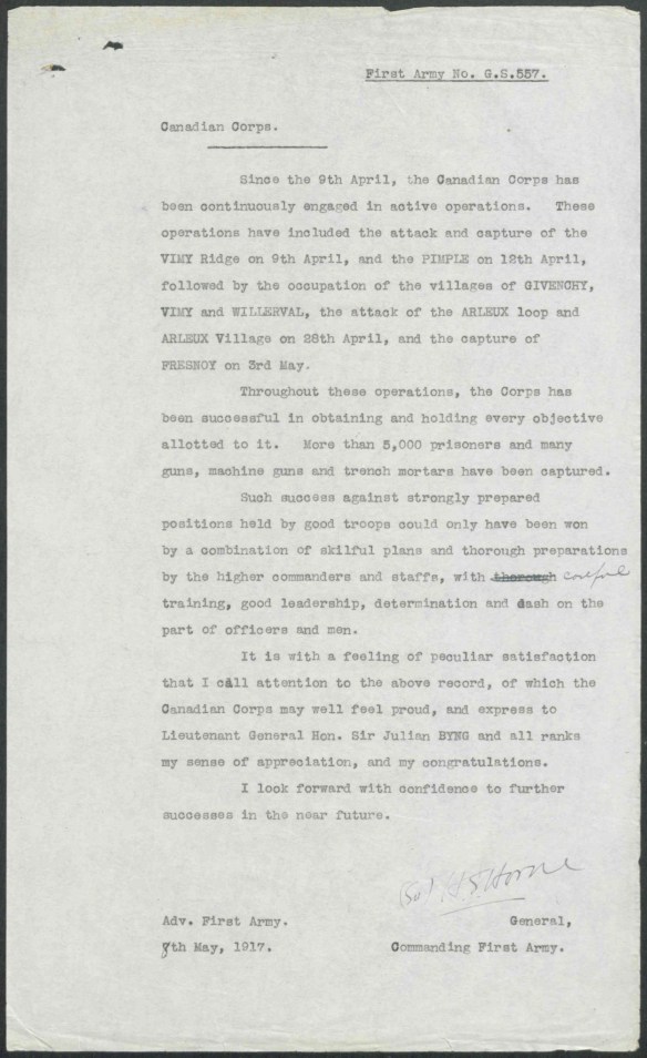 Lettre dactylographiée destinée au Corps d’armée canadien et signée par le général Horne, commandant de la Première armée.