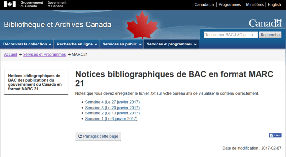 Capture d'écran d'une page Web intitulée « Notices bibliographiques de BAC en format MARC 21 ». En dessous, il y a des liens hebdomadaires : Semaine 1 (Le 6 janvier 2017), Semaine 2 (Le 13 janvier 2017), etc.