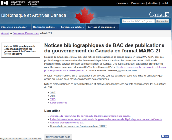 Une capture d'écran de la page Web sur les notices bibliographiques de BAC pour les publications du gouvernement du Canada en format MARC 21.