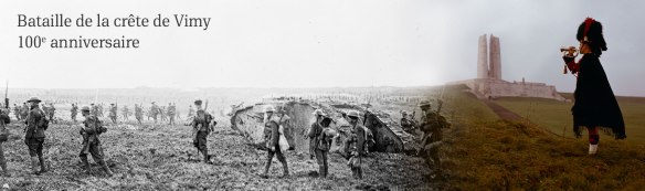 Bannière avec deux photos: une montrant une photo de la bataille de la crête de Vimy qui transitione vers une image plus contemporaine montrant le mémorial de Vimy